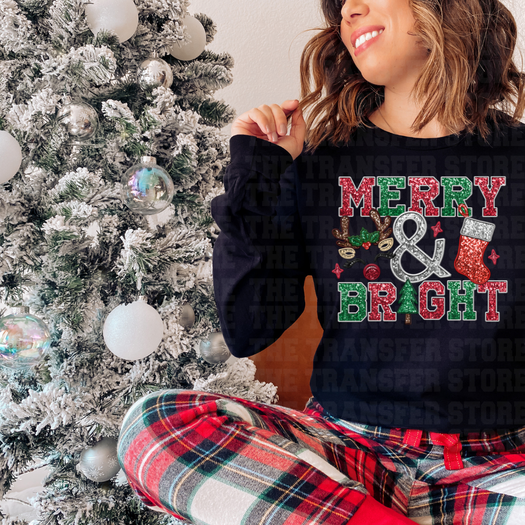 Merry & Bright with Reindeer Faux Sequin Applique