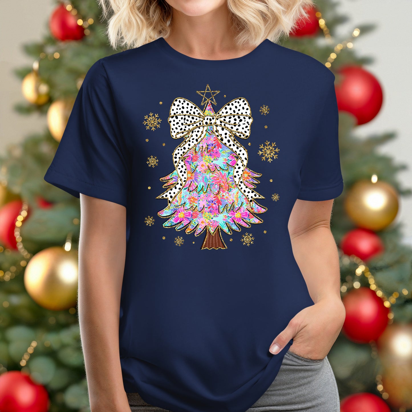 COLORFUL CHRISTMAS TREE COQUETTE BOW - NAVY
