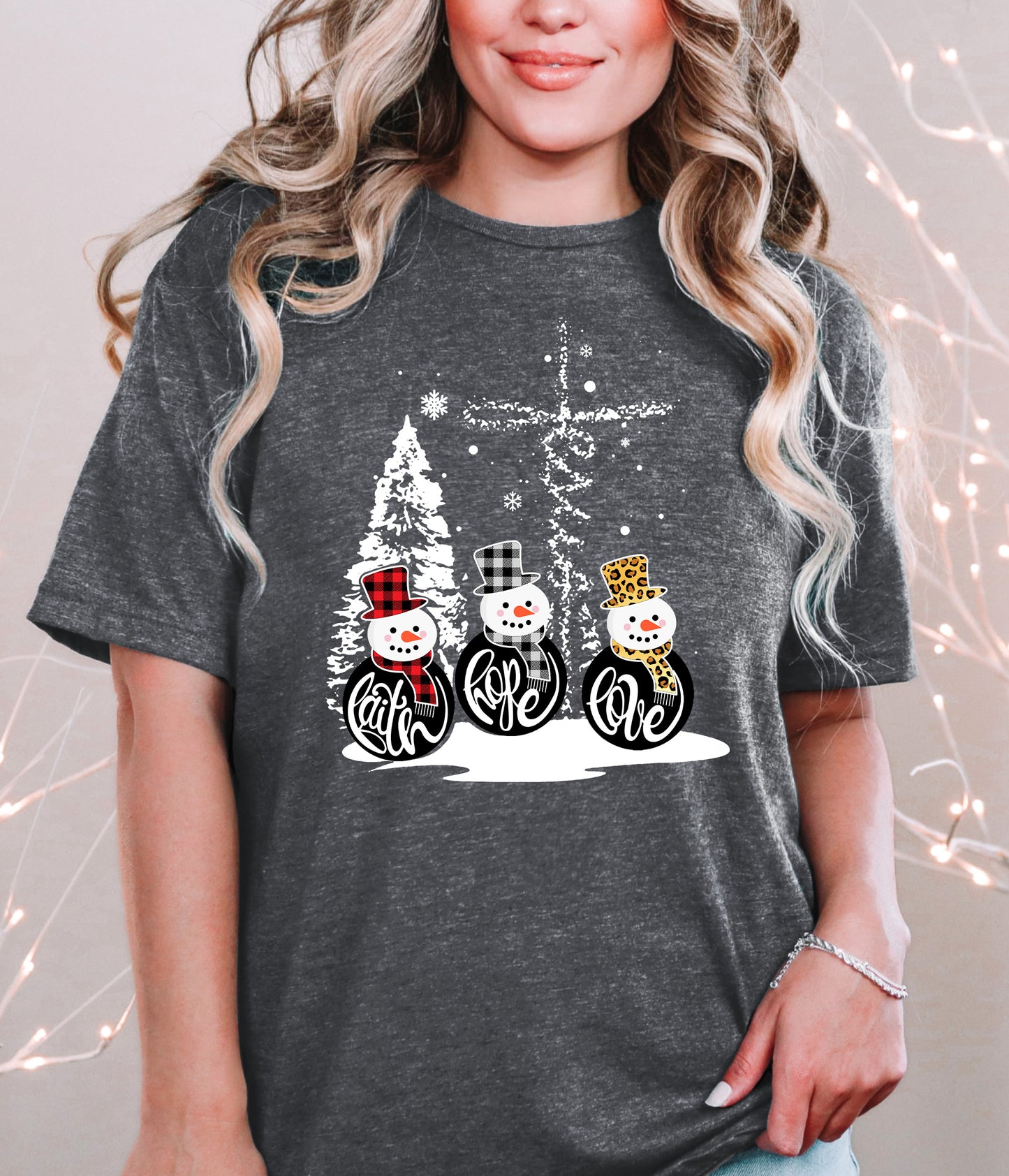 FAITH HOPE LOVE JESUS SNOWMEN - DARK HEATHER GREY