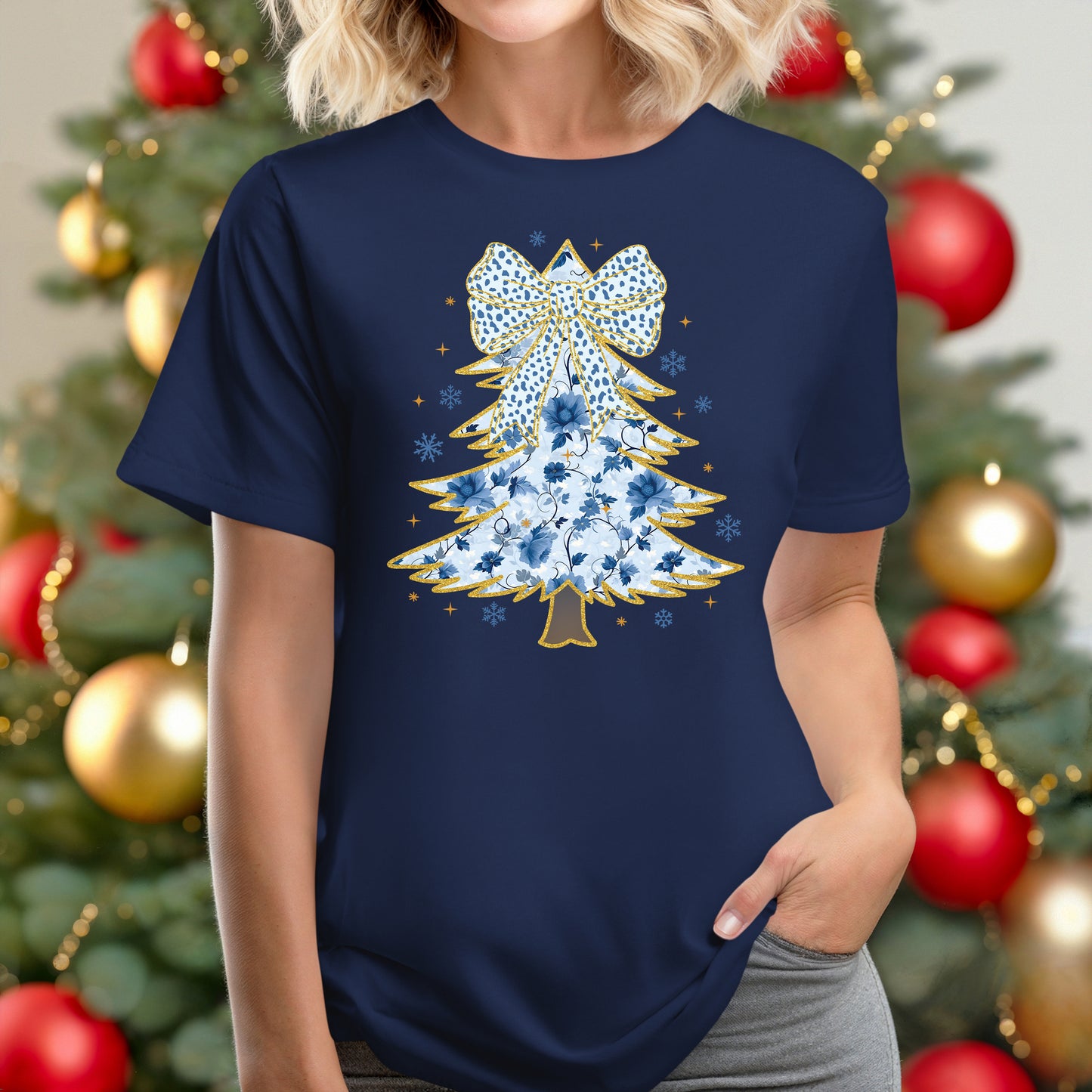 BLUE FLORAL CROQUETTE CHRISTMAS TREE - NAVY