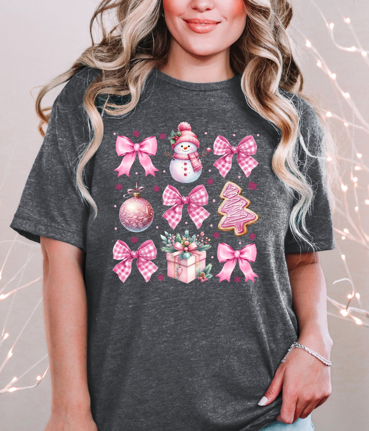 COQUETTE BOW PINK SNOWMAN - DARK HEATHER GREY